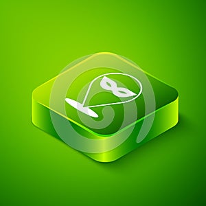 Isometric Carnival mask icon isolated on green background. Masquerade party mask. Green square button. Vector