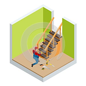 Isometric carpenter building wooden staircase, checking levels for accuracy and quality control in a new home. photo