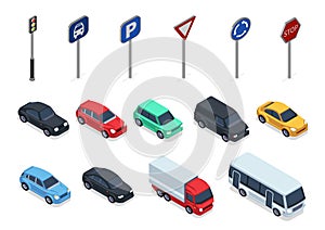 Isometric cars. Road signs, 3d vehicles isolated on white background. Autos, truck and bus vector set