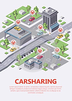 Isometric carsharing map vector illustration 3d of car sharing or carpool service parking location infographic