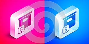 Isometric Carton cardboard box with price tag icon isolated on pink and blue background. Box, package, parcel sign