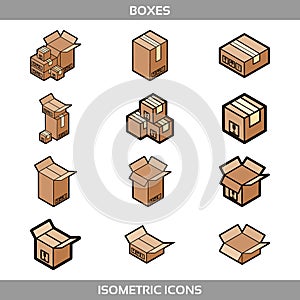 Isometric carton packaging boxes set in flat style with postal signs this side up fragile
