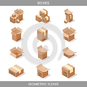 Isometric carton packaging boxes set in isometric style with postal signs this side up fragile