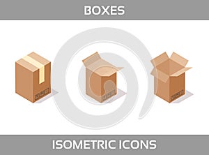 Isometric carton packaging boxes set in isometric style with postal signs this side up fragile vector