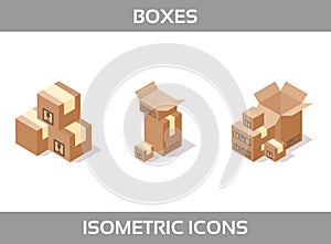 Isometric carton packaging boxes set in three styles with postal signs this side up fragile