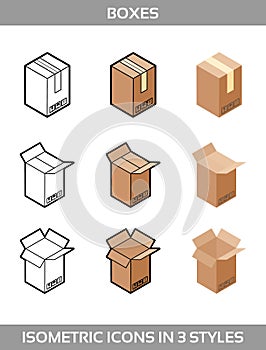 Isometric carton packaging boxes set in three styles with postal signs this side up fragile