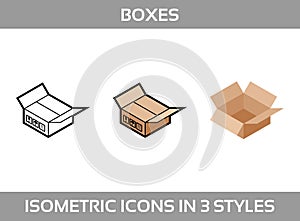 Isometric carton packaging boxes set in three styles with postal signs this side up