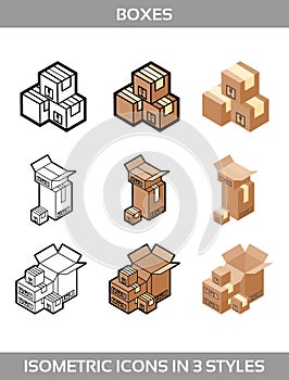 Isometric carton packaging boxes set in three styles with postal signs this side up fragile