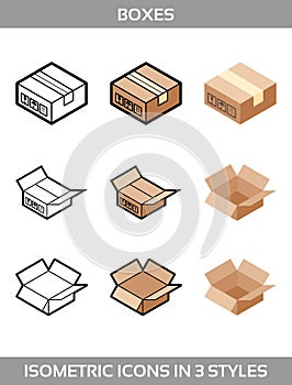 Isometric carton packaging boxes set in three styles with postal signs this side up fragile