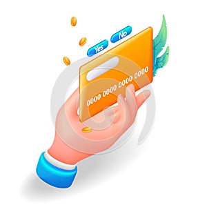 Isometric, cartoon 3D icon Businessman hand holds a credit card at the time of payment. Vector for website