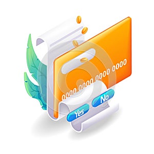 Isometric, cartoon 3D icon of payment of an invoice by credit card. Debiting money from the account. Falling gold coins