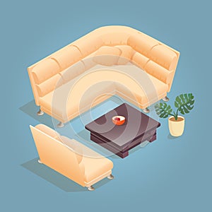 Isometric cartoon armchair icon isolated on blue.