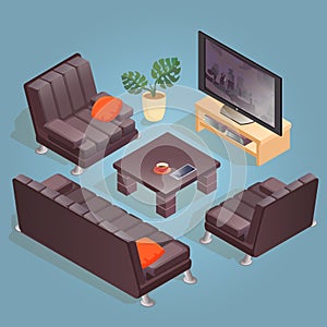 Isometric cartoon armchair, TV, icon isolated on blue.