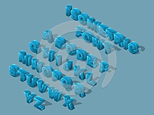 Isometric cartoon font, 3D letters, bright large set of blue letters of the English alphabet to create vector illustrations