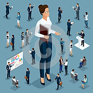 Isometric cartoon people, 3d businessman big man small workers and subordinates, female director for vector illustrations