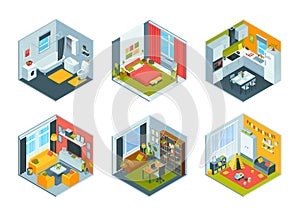 Isometric cartoon room composition set