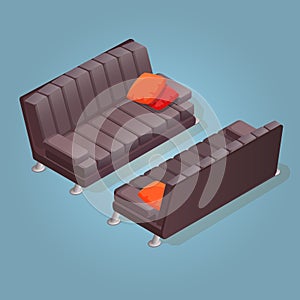 Isometric cartoon sofa icon isolated on blue.