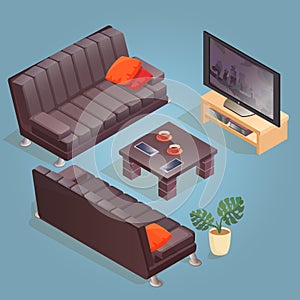 Isometric cartoon sofa, TV, icon isolated on blue.