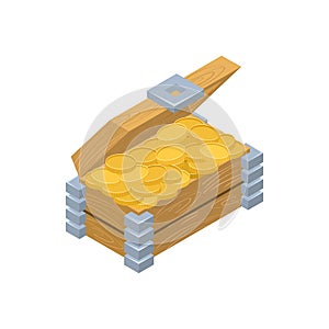 Isometric cartoon Treasure chest with gold. Wooden open box full of gold coins. Golden coins in pirate chest