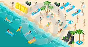 Isometric cartoon vector people, set 3d girl in bathing suits beach, sunbathing, stones, big word sun summer vector