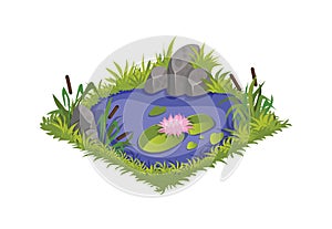 Isometric Cartoon Water Pond with Wild Reeds and Lilies - Elements for Tileset Map, Landscape Design