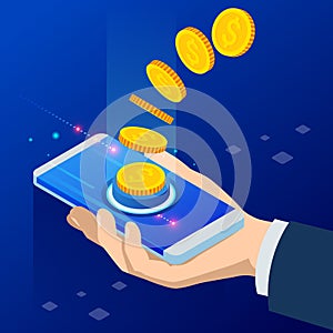 Isometric Cashback and Saving Money Concept. Money Refund. Digital Payment or Online Cashback Service. Electronic