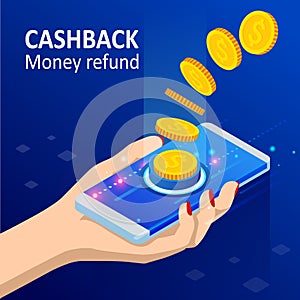 Isometric Cashback and Saving Money Concept. Money Refund. Digital Payment or Online Cashback Service. Electronic