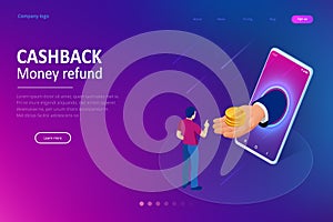 Isometric Cashback and Saving Money Concept. Money Refund. Digital Payment or Online Cashback Service. Electronic