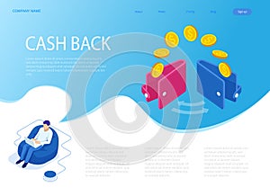 Isometric Cashback and Saving Money Concept. Money Refund. Digital Payment or Online Cashback Service. Electronic