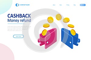 Isometric Cashback and Saving Money Concept. Money Refund. Digital Payment or Online Cashback Service. Electronic