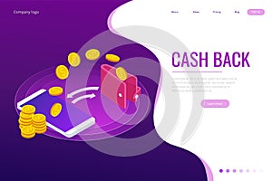 Isometric Cashback and Saving Money Concept. Money Refund. Digital Payment or Online Cashback Service. Electronic