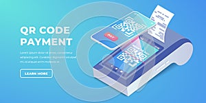 Isometric Cashless Payment machine with qr code on screen, smartphone scan to pay barcode banner