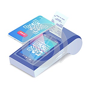 Isometric Cashless Payment machine with qr code on screen, smartphone scan to pay barcode vector