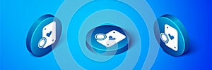 Isometric Casino chip and playing cards icon isolated on blue background. Casino poker. Blue circle button. Vector