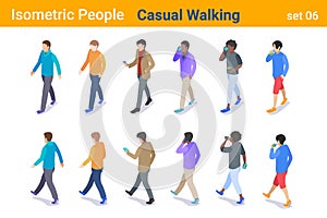 Isometric Casual People flat vector collection. Man walking, talking or looking on Mobile phone, back and front poses