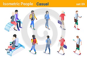 Isometric Casual People flat vector collection. Man and Woman walking, talking or looking on Mobile phone, sitting and hugging on