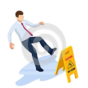 Isometric caution wet floor sign isolated on white background. The man slipped on the wet floor.