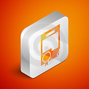 Isometric Certificate template icon isolated on orange background. Achievement, award, degree, grant, diploma. Business