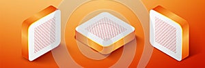 Isometric Chain Fence icon isolated on orange background. Metallic wire mesh pattern. Orange square button. Vector