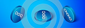 Isometric Chain link icon isolated on blue background. Link single. Hyperlink chain symbol. Blue circle button. Vector