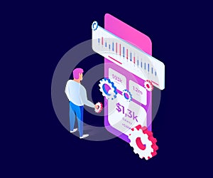 Isometric character like a ui designer or programmer creating structure of information blocks in the application screen. Isometric