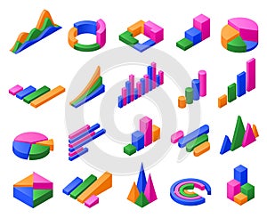 Isometric charts. Infographic 3D diagram, color chart graphs for business data or finance statistics presentation vector