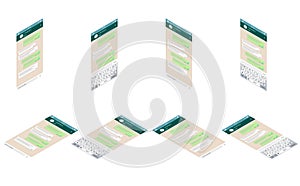 Isometric Chat app template whith mobile keyboard. Isometric Social network concept. Blank template. Messenger window.