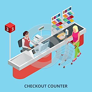 Isometric Checkout counter. Woman paying with a credit card to a store clerk in a supermarket. Quality service and