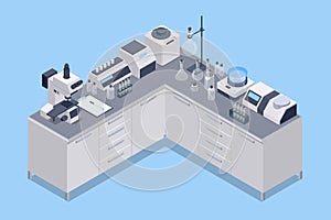 Isometric chemical laboratory concept. Laboratory assistants work in scientific medical chemical or biological lab