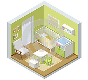 Isometric Child Room with modern furniture. The idea for interior decor. Kid`s room for a newborn baby.