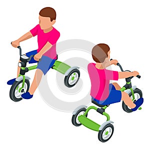 Isometric Children`s tricycle isolated on white background. Baby balance bike.