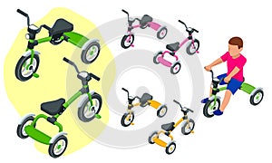 Isometric Children`s tricycle isolated on white background. Baby balance bike.