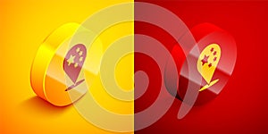 Isometric China flag icon isolated on orange and red background. Circle button. Vector