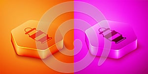 Isometric Chinese paper lantern icon isolated on orange and pink background. Hexagon button. Vector